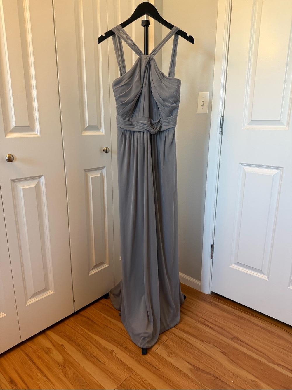 David's Bridal Light Gray Chiffon Twisted-Strap Maxi Dress